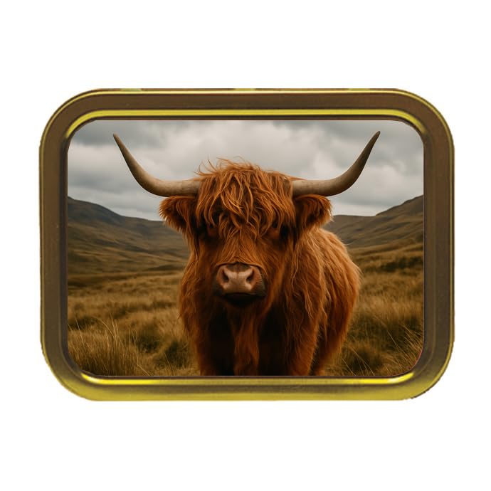 Scottish Highland Cow Tobacco tin – Cute Metal Storage with Removable Lid | Farm Animal Print Pocket for Tobacco, Rolling Papers & More