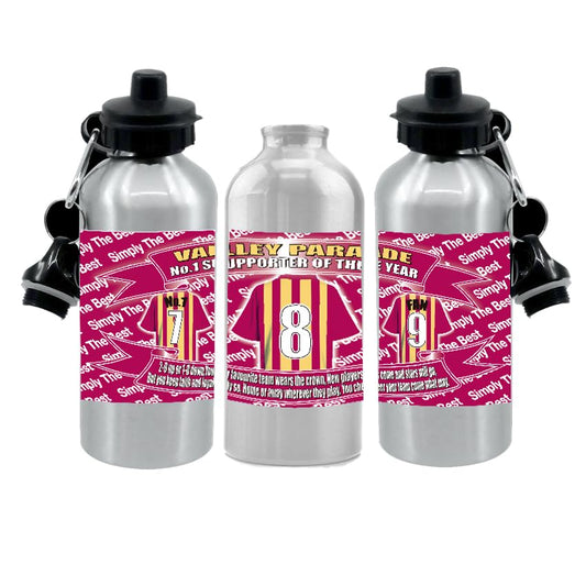 Bradford Water Bottle - Football Shirt - Silver Aluminium Two Lids - Unisex Gift