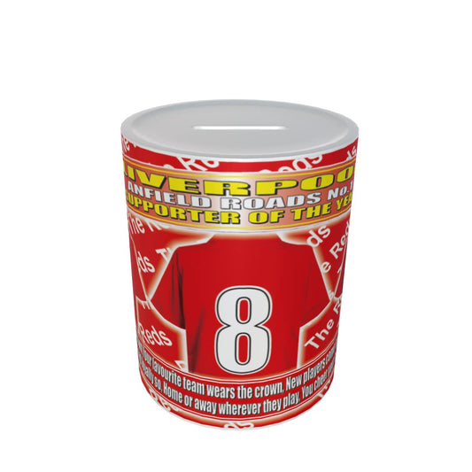 Red and white piggy bank with text and number 8 on a white background