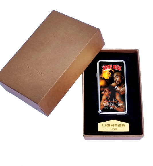 Rapper Hip Hop Shakur Personalised Icon Rechargeable Gift Boxed Silver Metal USB Lighter