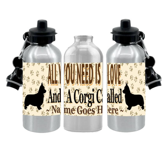 Personalised Corgi Water Bottle - All You Need Is Love - Silver Aluminium - Two Lids - Unisex Gift