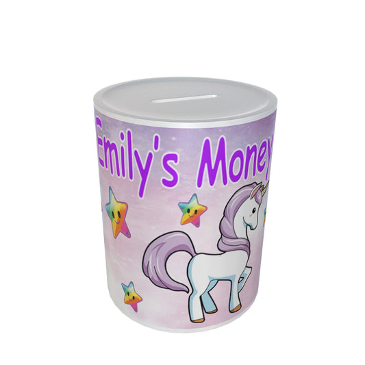 Personalised Kids Magical Unicorn & Rainbows Ceramic Piggy Bank Money Box Gift