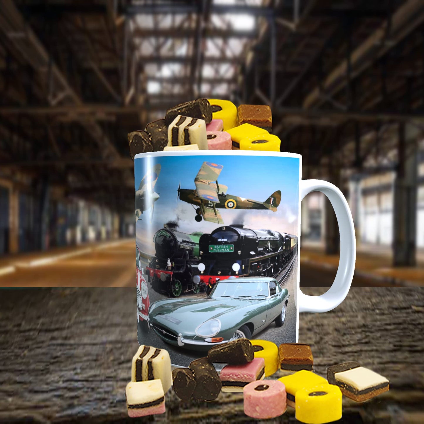 Planes Trains and Automobiles Classic Car & Transport Icons Mug with Choice of Sweets Gift