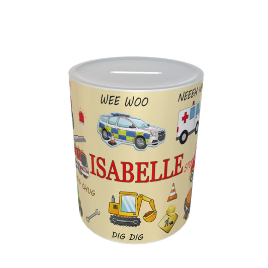 Fun Cartoon Personalised Vehicle Money Box Gift Cream