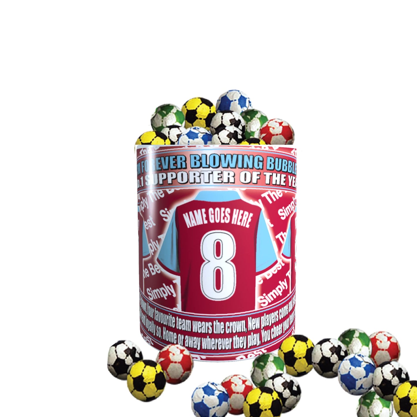 West H Utd Football Team Shirt Personalised Mug Gift with Chocolate Footballs