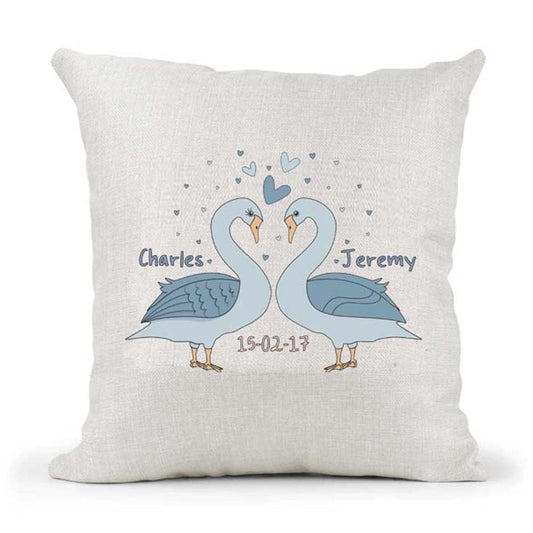 Cute Male Gay Couple Swans Valentines Day Anniversary Personalised Country Canvas Style Cushion Cover Gift