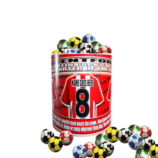 Brentford Football Team Shirt Personalised Mug Gift with Chocolate Footballs