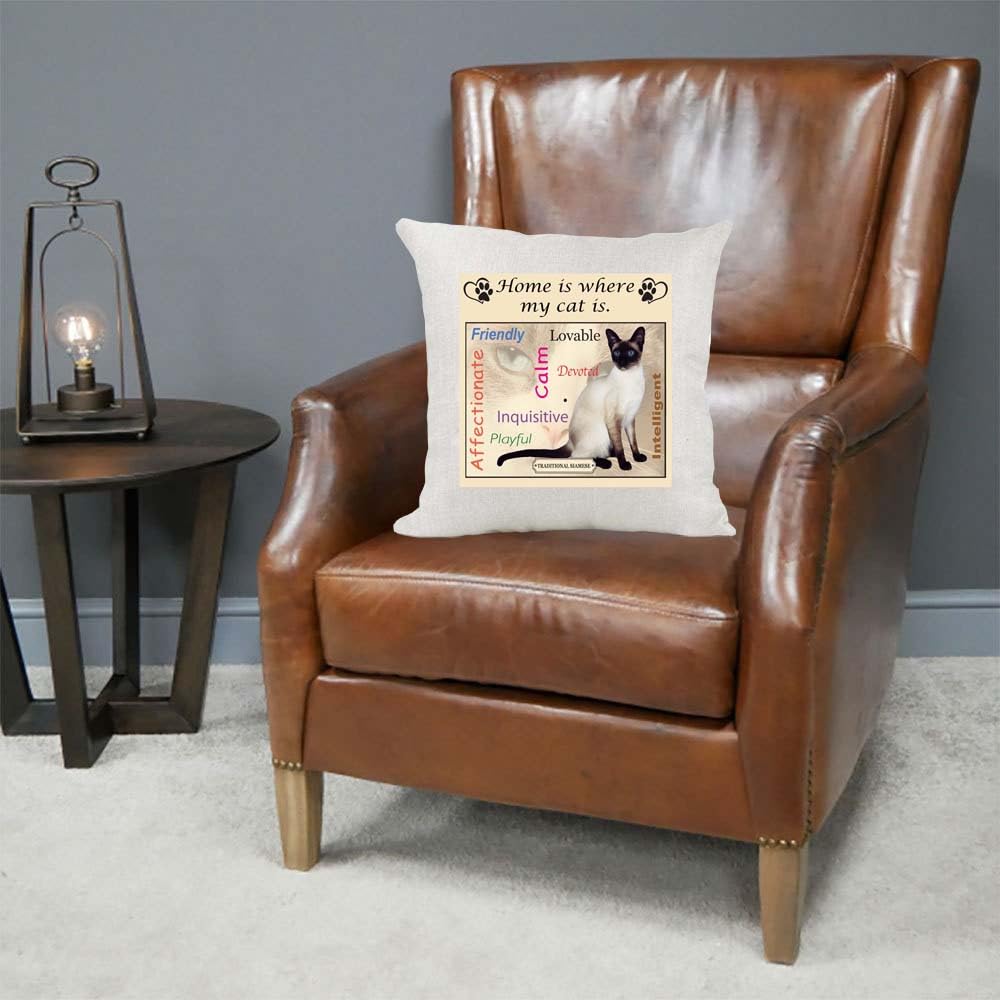 Traditional Siamese Breed Home is Where My Cat is Country Canvas Style Cushion Cover Gift