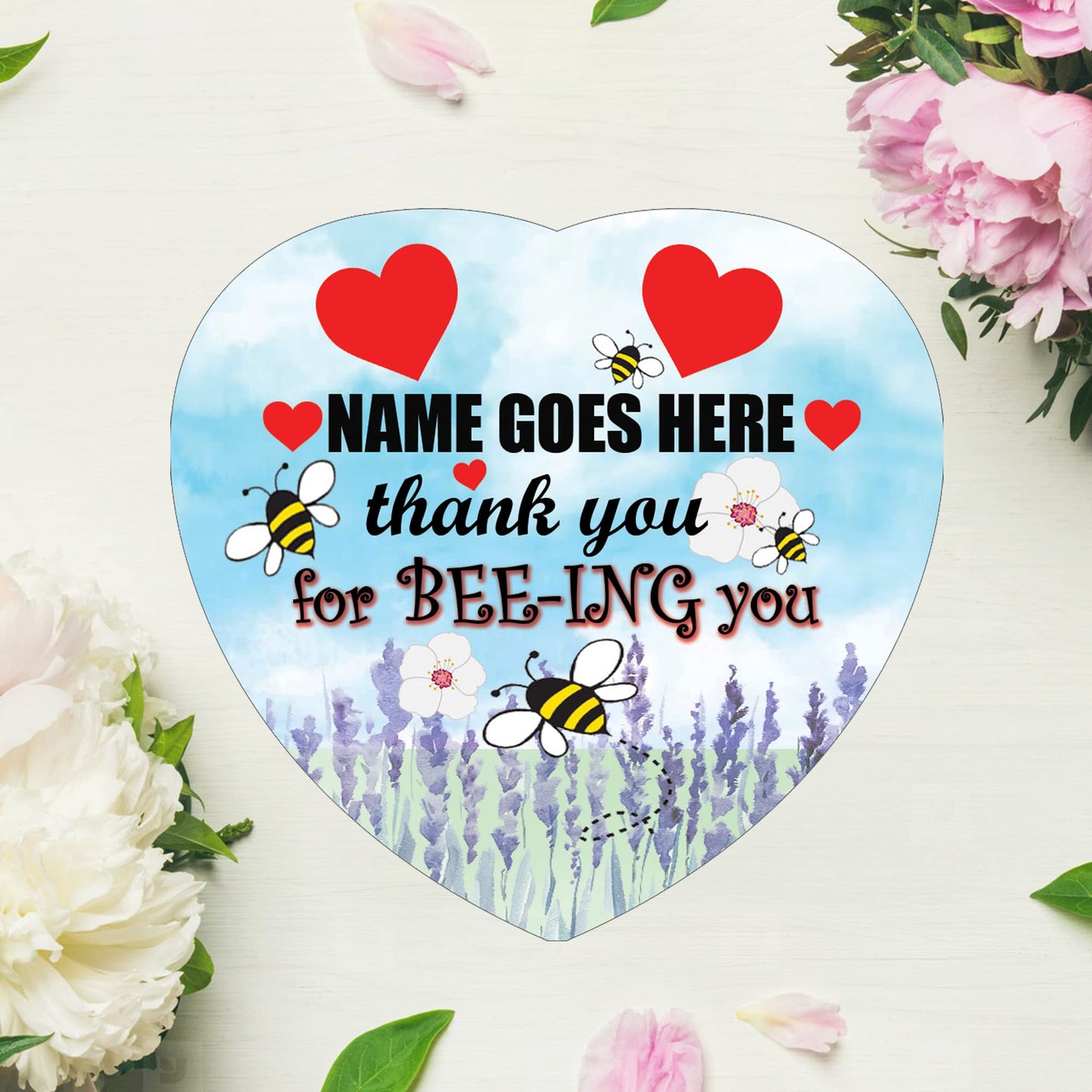 Thank You For BEE-ING You Personalised Hanging Heart Ceramic Keepsake With Blue Sky & Red Hearts Setting Gift