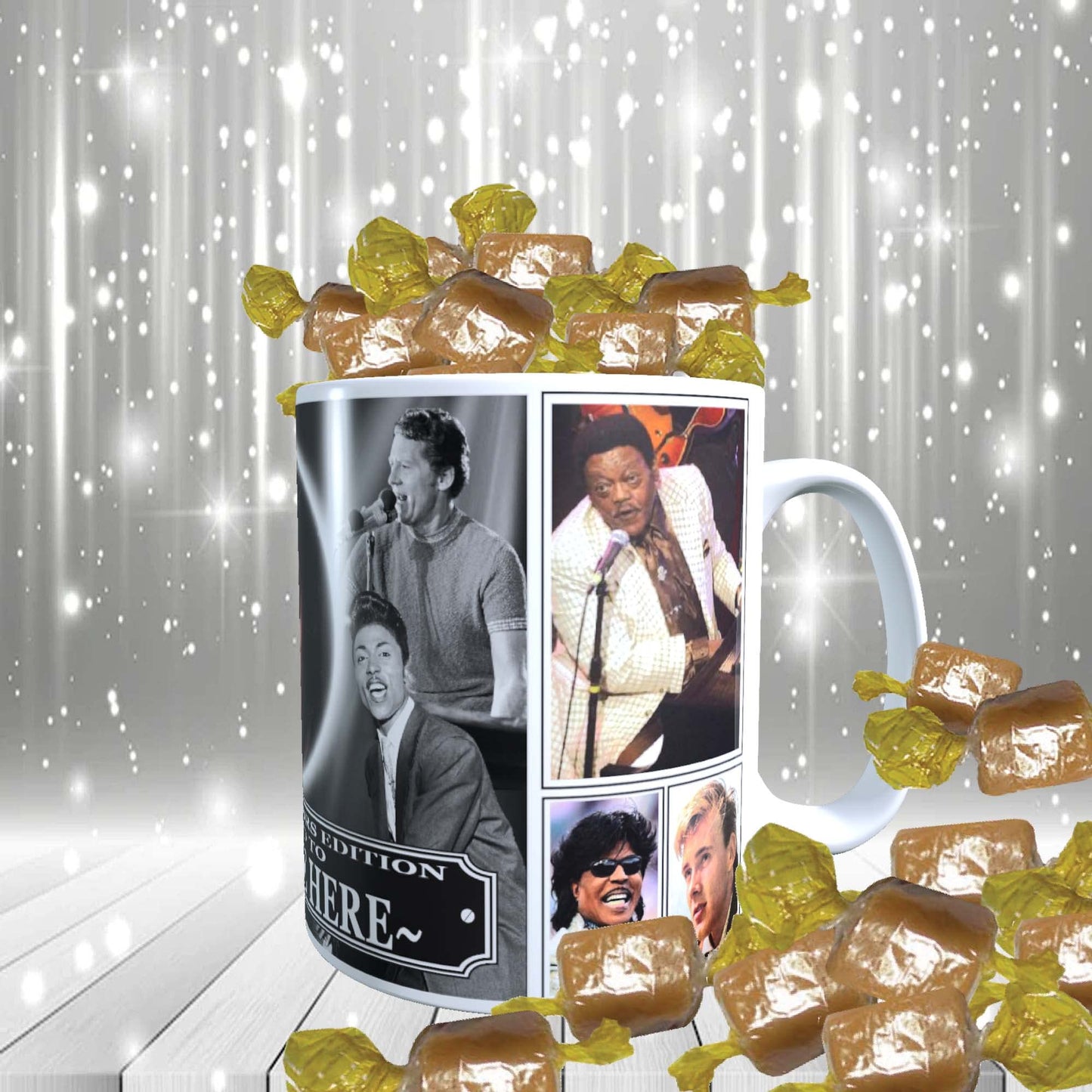 Rock n Roll Greats of 50s & 60s Personalised Music Icon Mug with Choice of Sweets Gift