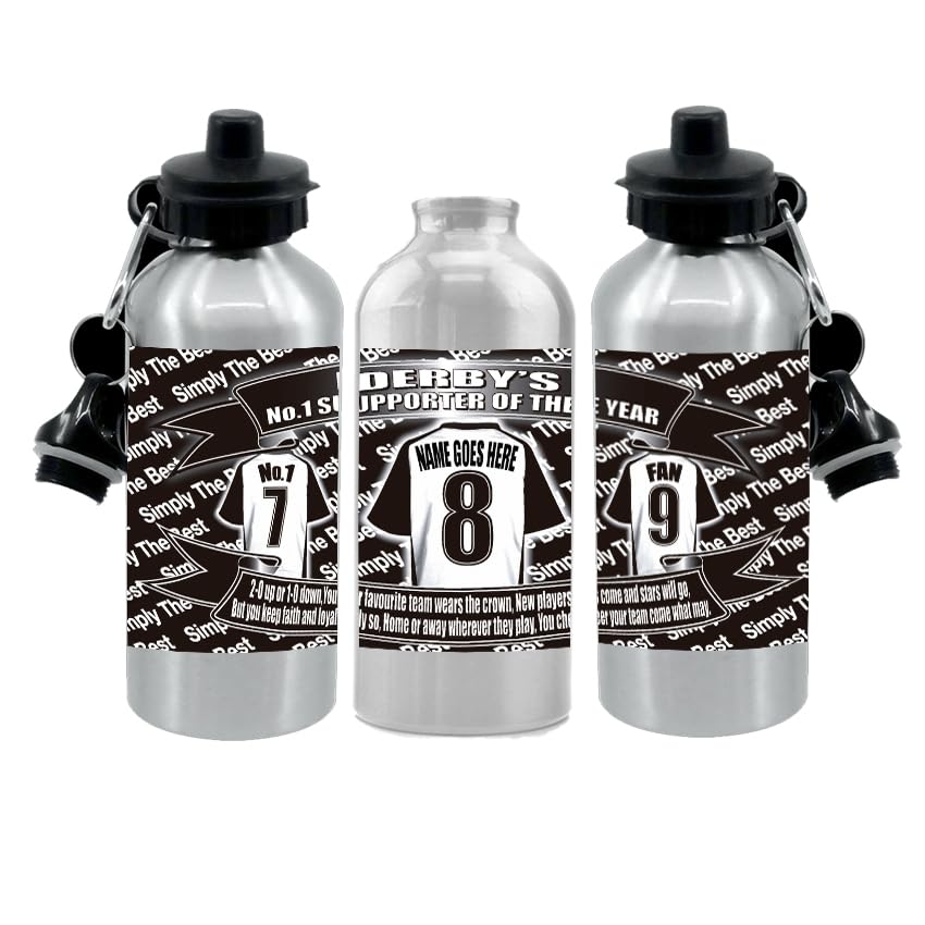 Personalised Der(by) Water Bottle - Football Shirt - Silver Aluminium Two Lids - Unisex Gift