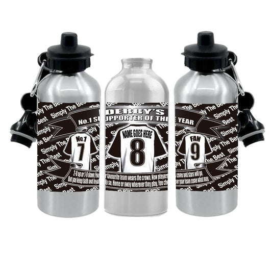 Personalised Der(by) Water Bottle - Football Shirt - Silver Aluminium Two Lids - Unisex Gift