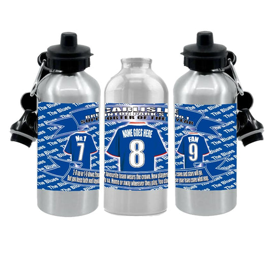 Carlisle Personalised Football Shirt Silver Aluminium Two Lid Unisex Water Bottle Gift