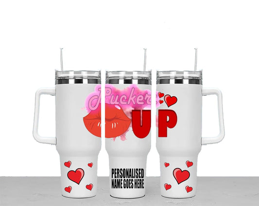Pucker Up Personalised Large Unisex 40oz Stainless Steel Travel Cup Tumbler Gift with Carry Handle, Lid and Straw