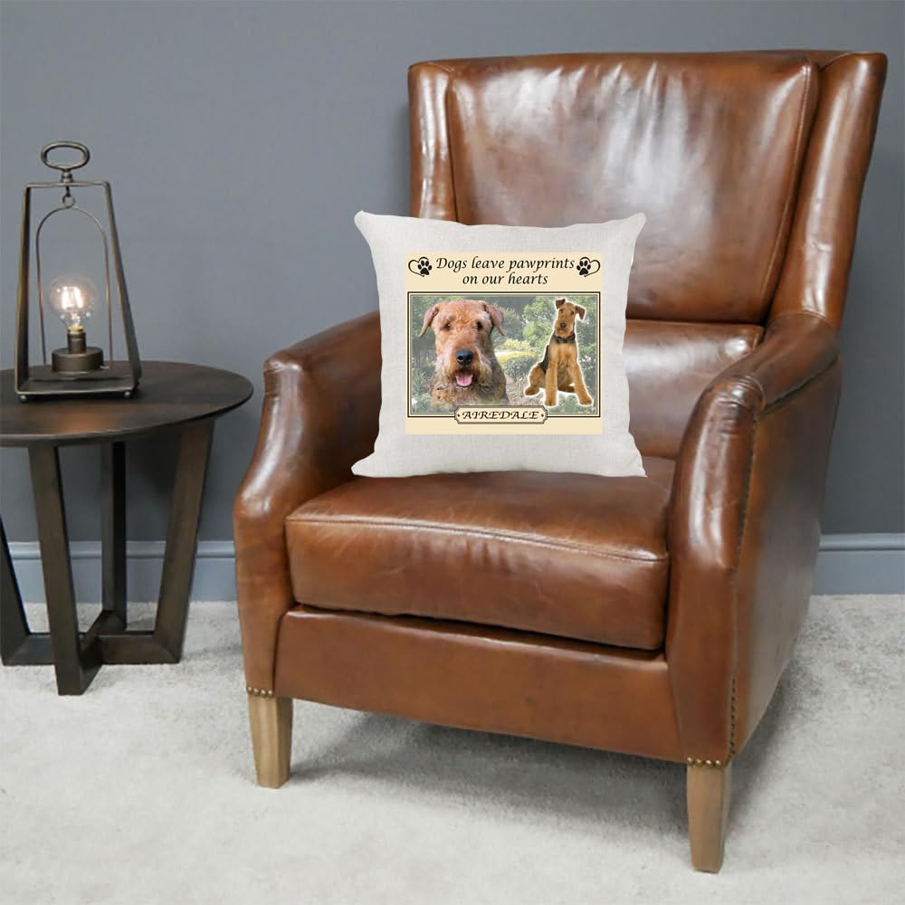 Airedale Dogs Leave Pawprints on our Hearts Naturally Country Canvas Style Cushion Cover Gift