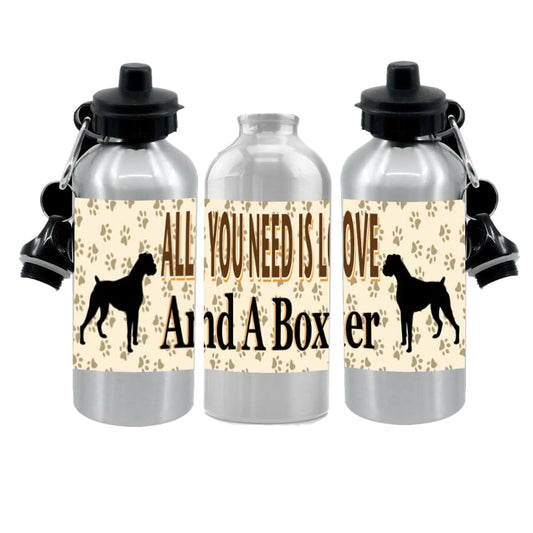 Boxer Water Bottle - All You Need Is Love - Silver Aluminium - Two Lids - Unisex Gift