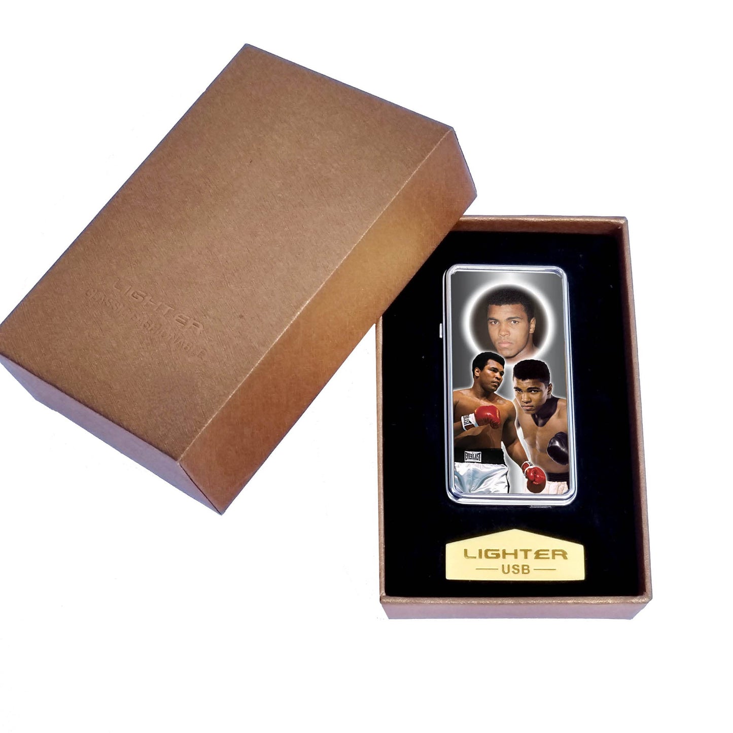 Ali Icon Rechargeable Gift Boxed Silver Metal USB Lighter Boxing Champion