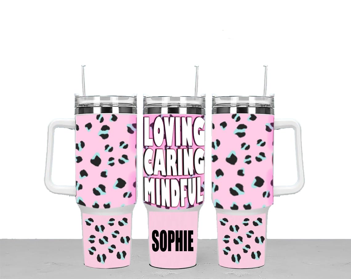 Loving Caring Mindful Personalised Large Unisex 40oz Stainless Steel Any Occasion Valentine's Day Travel Cup Tumbler Gift with Carry Handle, Lid and Straw