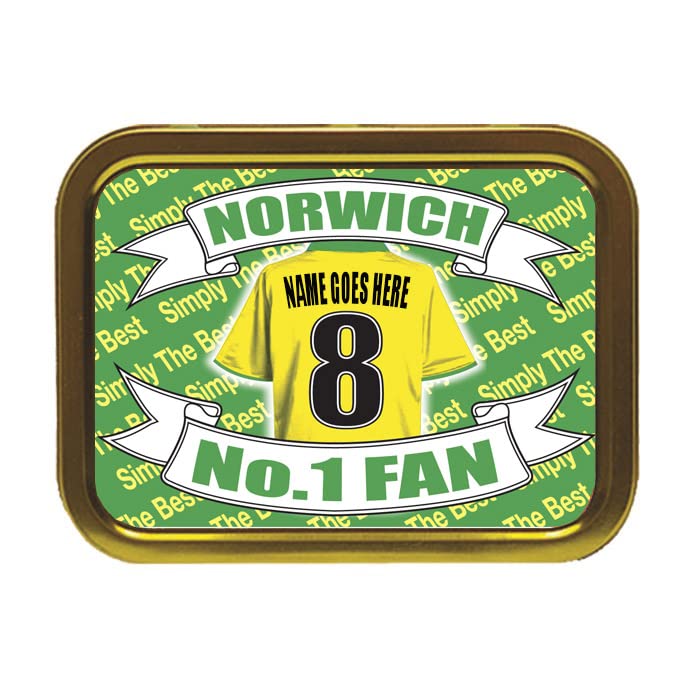 Personalized tin with a yellow Norwich City FC jersey design on a green background.