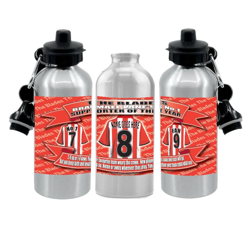 Personalised Sheff(ield) United Water Bottle - Football Shirt - Silver Aluminium Two Lids - Unisex Gift
