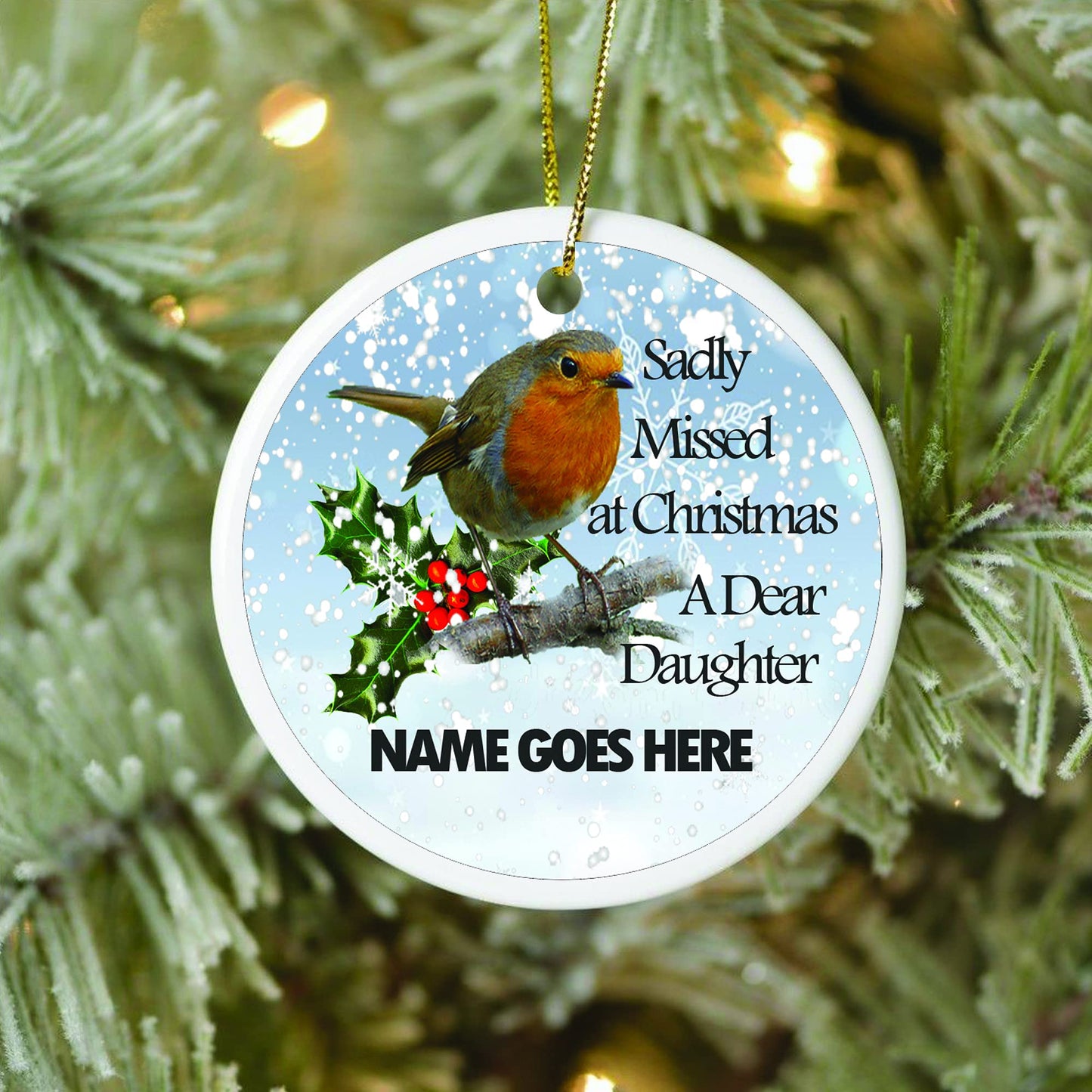 Robin Remembrance Personalised Ceramic Christmas Tree Memorial Hanging Decoration, White, 7 x 7cm