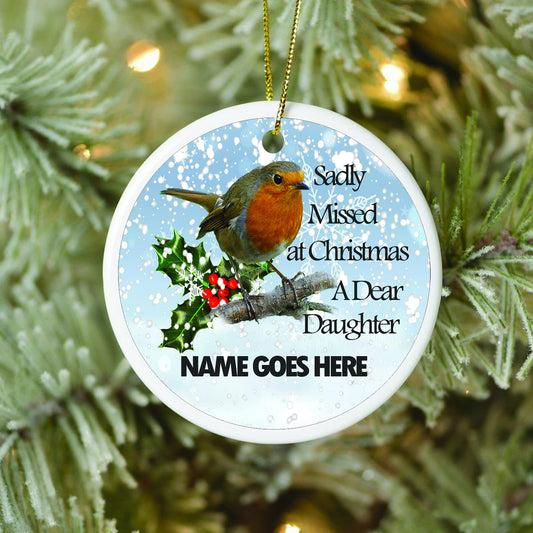 Robin Remembrance Personalised Ceramic Christmas Tree Memorial Hanging Decoration, White, 7 x 7cm