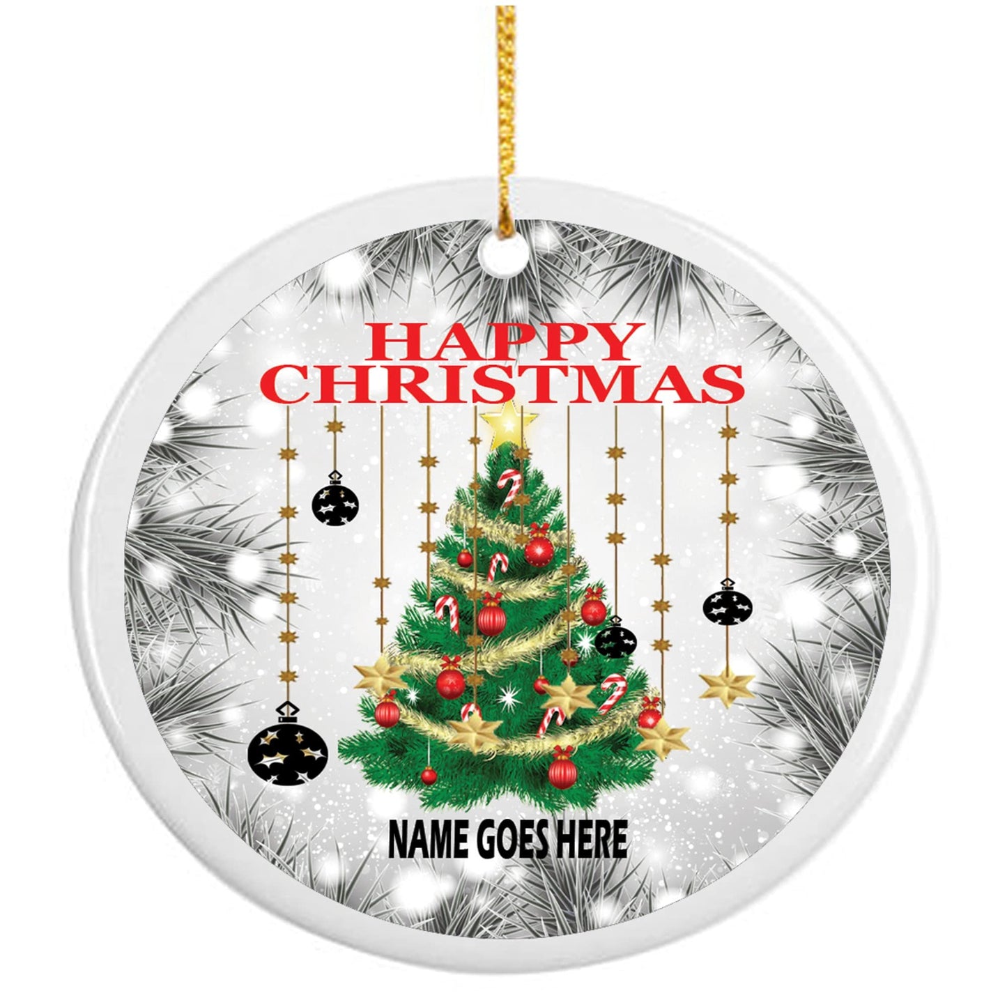 Happy Christmas Personalised Ceramic Keepsake Hanging Tree Decoration With Double Sided Personalisation, White, 7 x 7cm