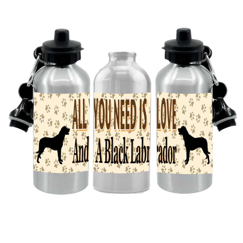 Black Labrador Water Bottle - All You Need Is Love - Silver Aluminium - Two Lids - Unisex Gift