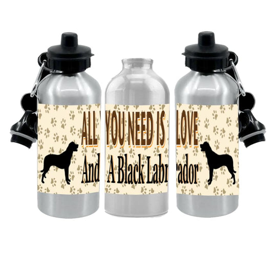 Black Labrador Water Bottle - All You Need Is Love - Silver Aluminium - Two Lids - Unisex Gift