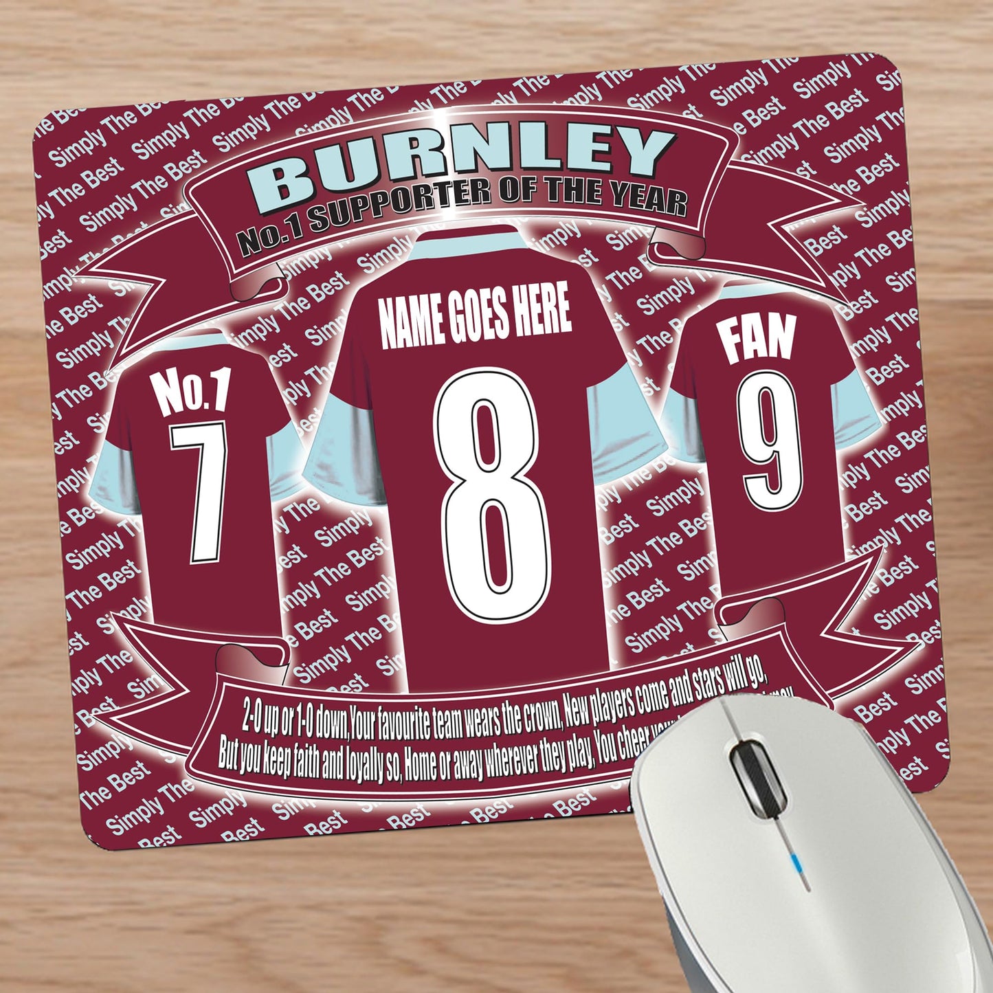 Burnley Football Shirt Personalised Mouse Mat Gift