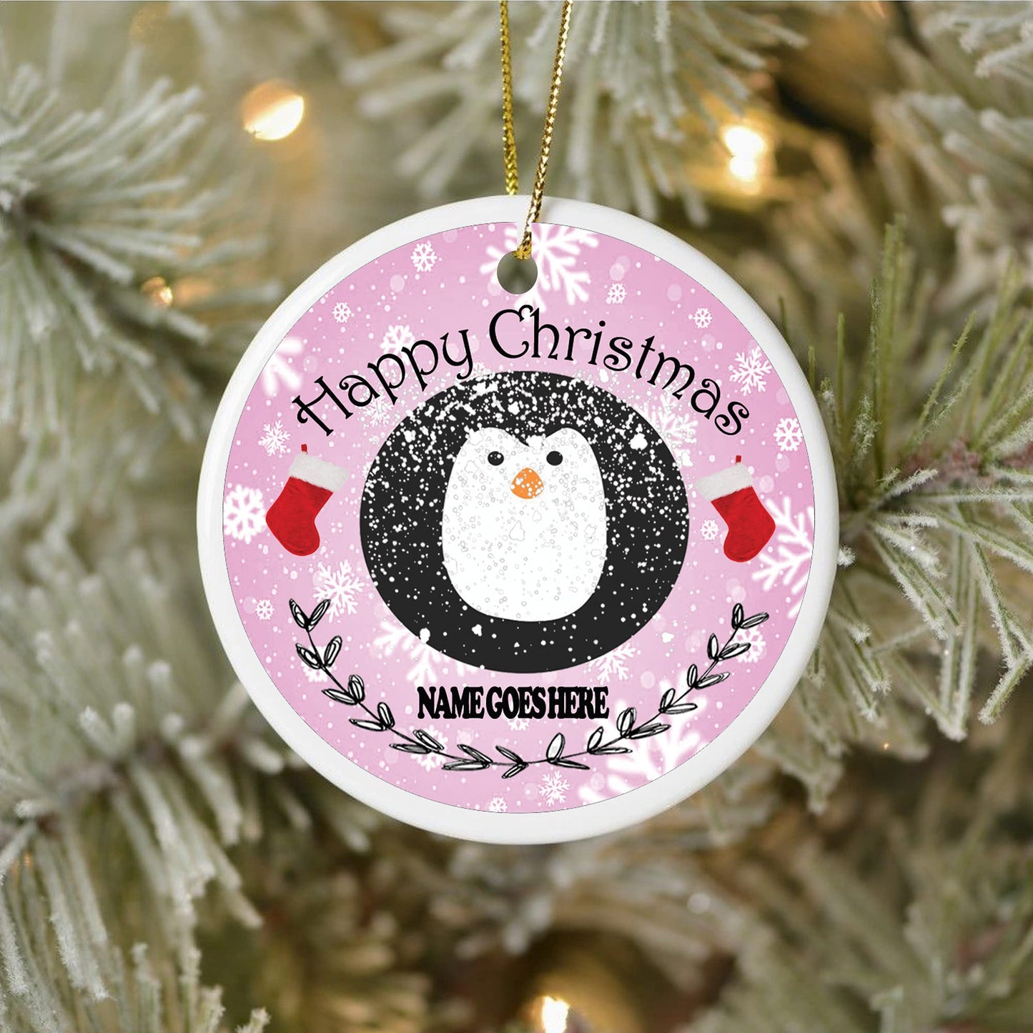 Pink Happy Christmas Personalised Penguin Ceramic hanging Tree Decoration