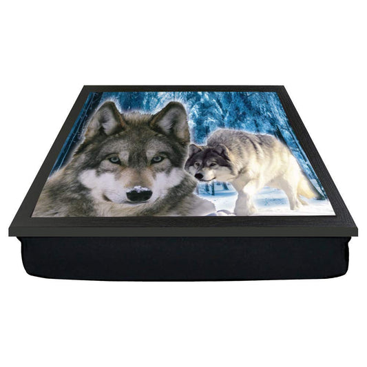 White & Black snow wolves forest scene wolf walking in the snow gift lap tray
