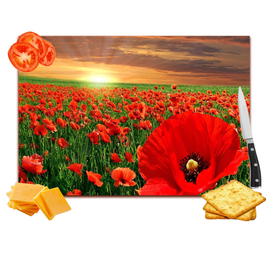 Sunset Poppies Toughened Glass Heat Resistant Worktop Saver Cutting and Chopping Board Gift
