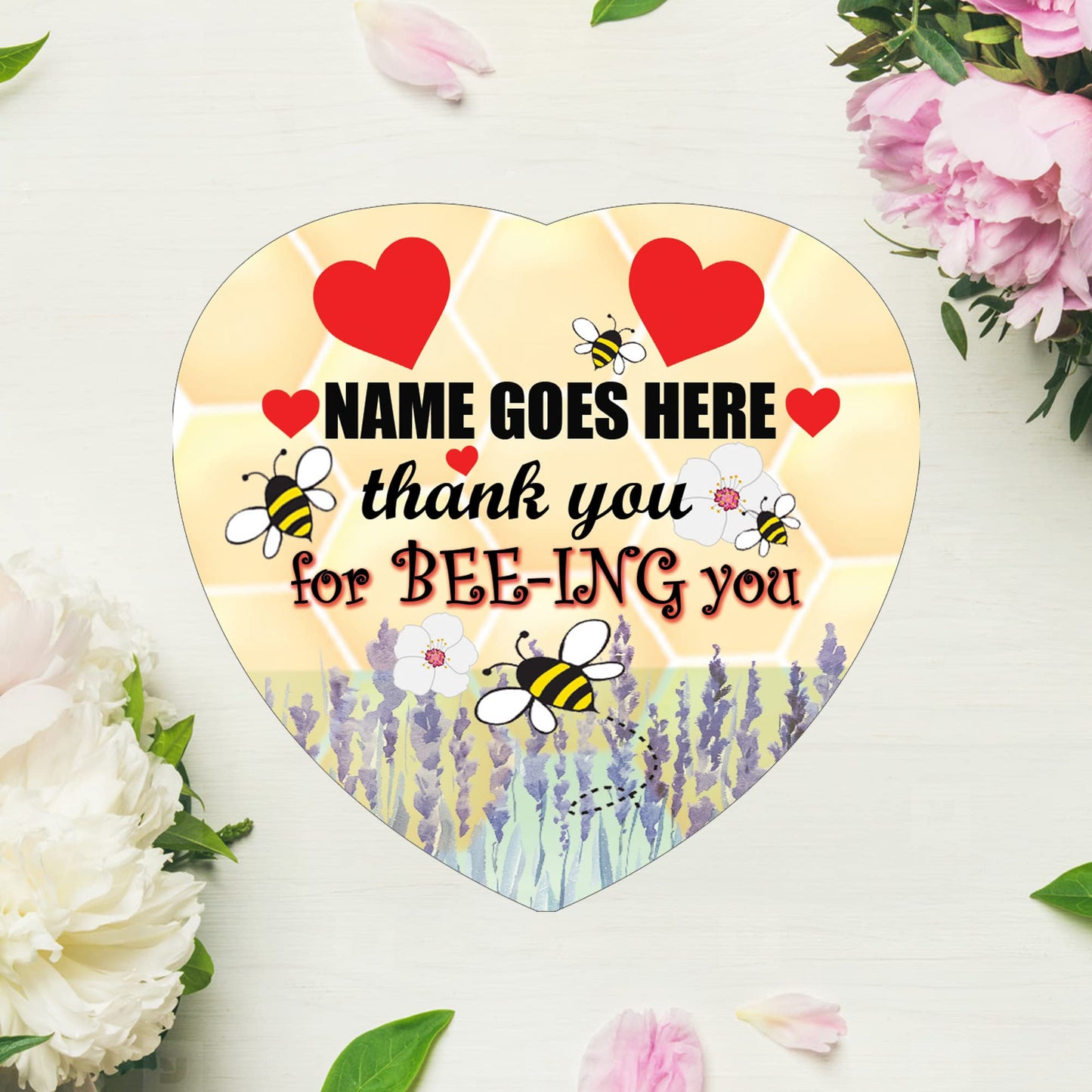 Thank You For BEE-ING You Personalised Hanging Heart Ceramic Keepsake With Honeycomb Bee Hexagon Shape & Red Hearts Setting Gift