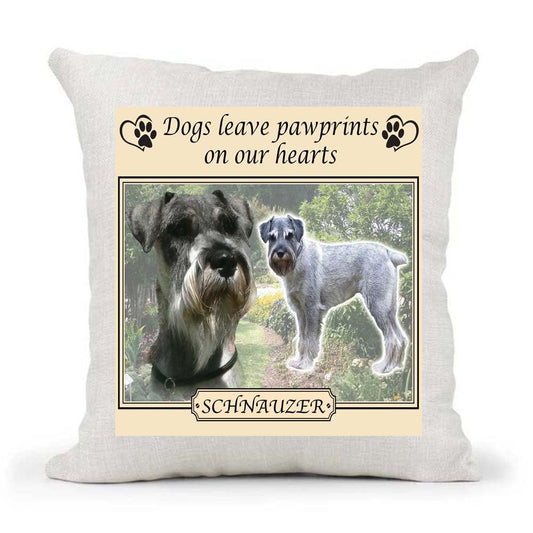 Schnauzer Dogs Leave Pawprints on our Hearts Country Canvas Cushion Cover Gift