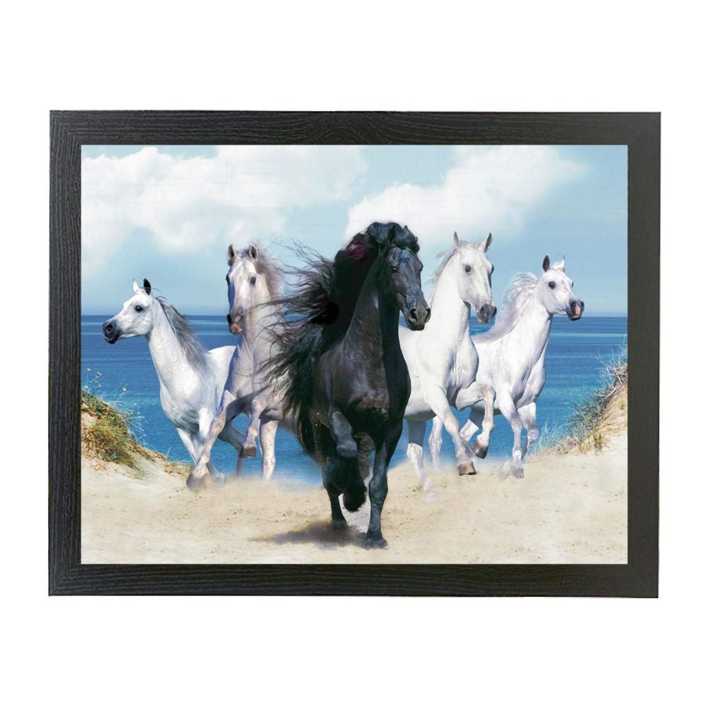 Black and White horses galloping through the sand beach scene framed picture gift