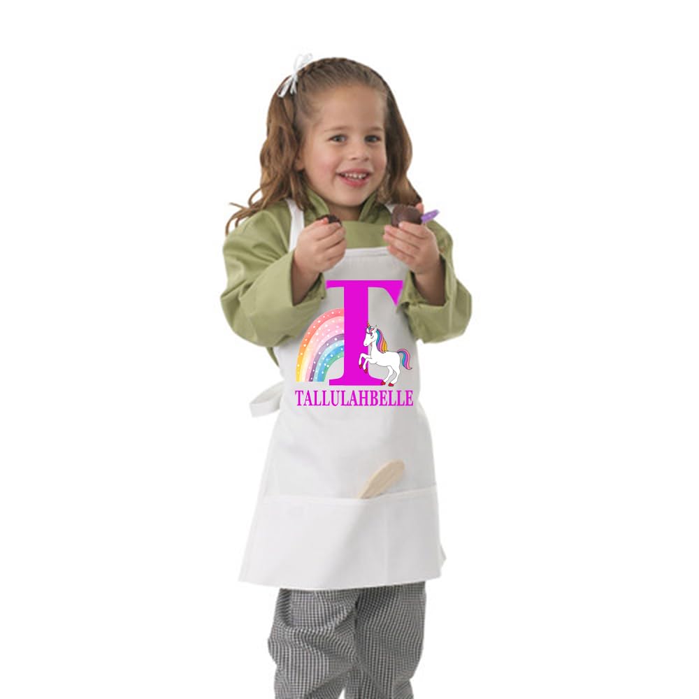 Children's Kid's White Unicorn Rainbow Monogram Personalised Name Chef Pinny Apron Gift Present