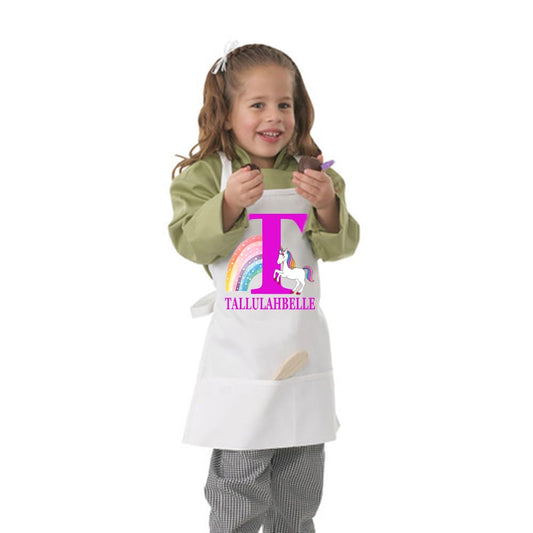 Children's Kid's White Unicorn Rainbow Monogram Personalised Name Chef Pinny Apron Gift Present