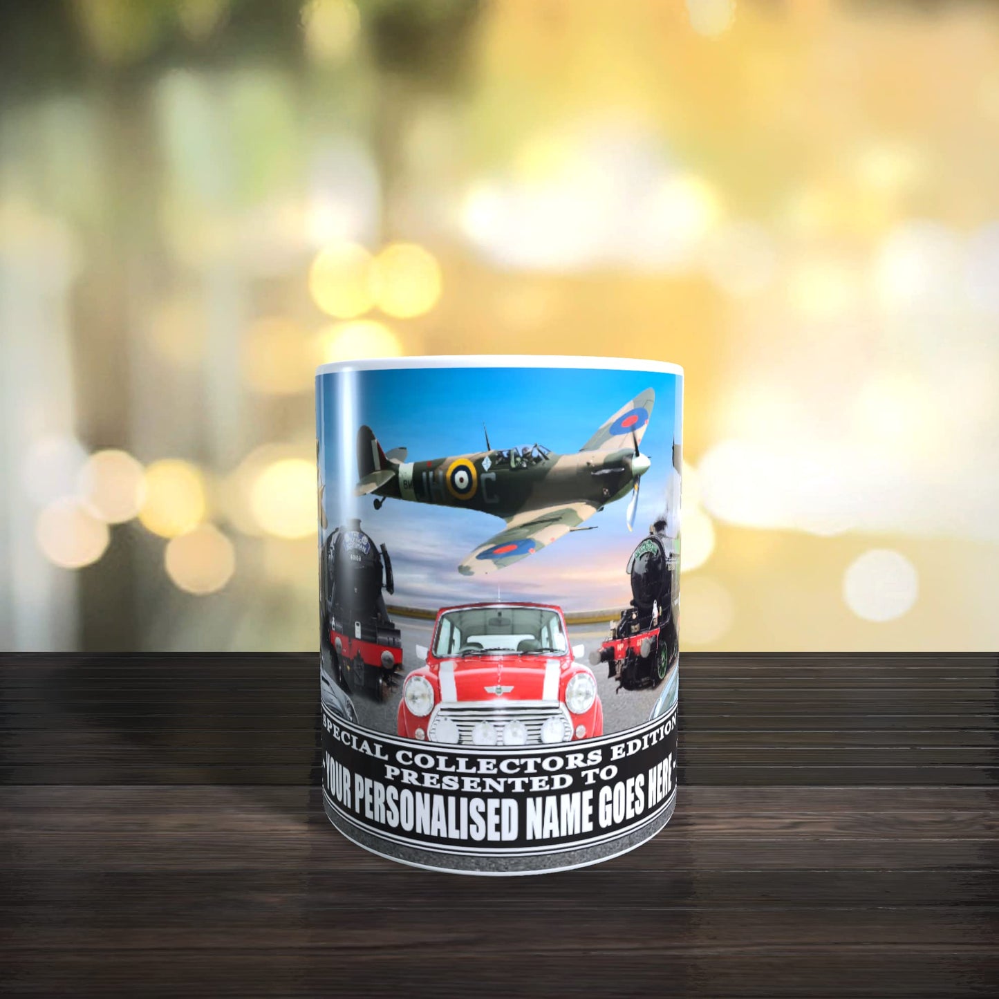 Planes Trains and Automobiles Classic Car Icons Personalised Mug with Choice of Sweets Gift