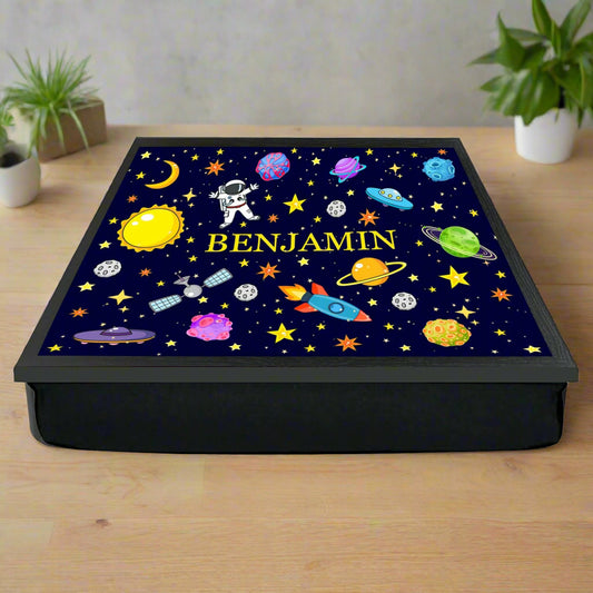 Children's lap tray with space-themed design and name 'Benjamin' on a white background