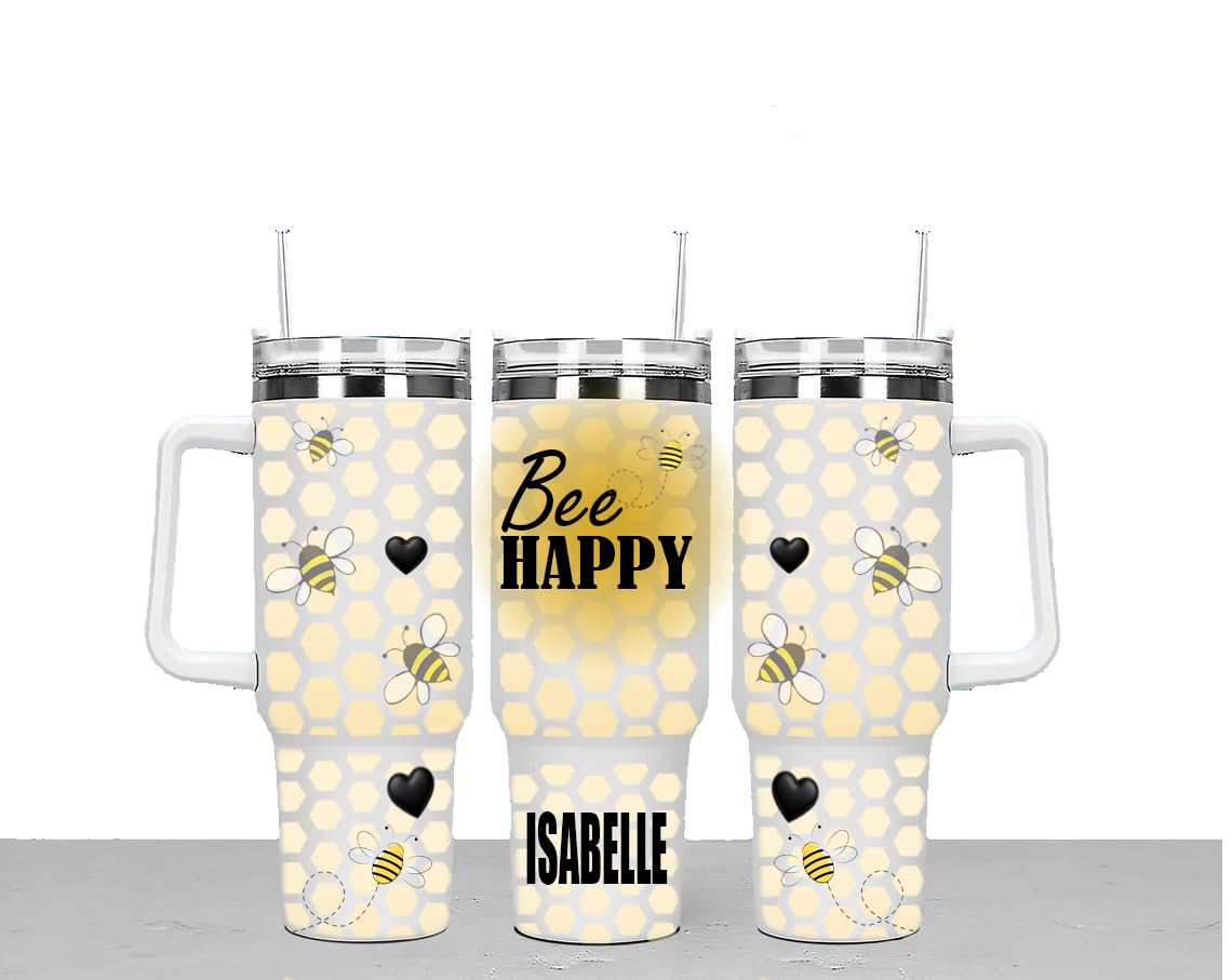 BEE Happy Personalised Large Unisex 40oz Stainless Steel Travel Cup Tumbler Gift with Carry Handle, Lid and Straw