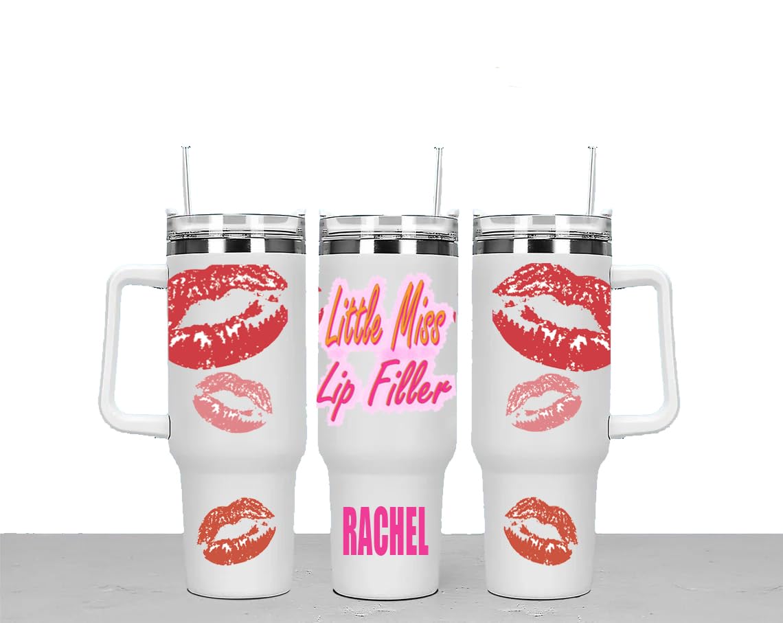 Little Miss Lip Filler Personalised Large Unisex 40oz Stainless Steel Travel Cup Tumbler Gift with Carry Handle, Lid and Straw