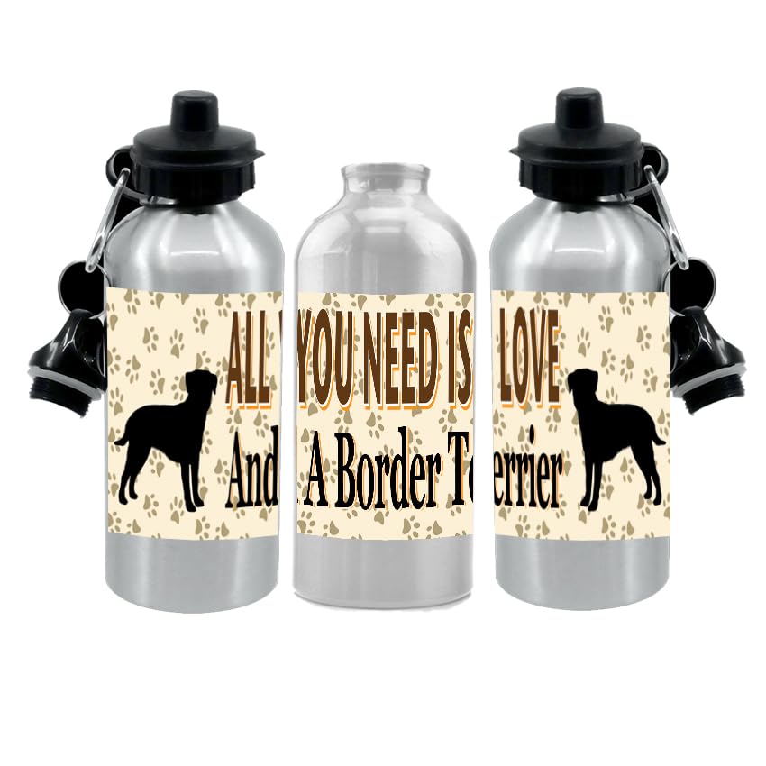 Border Terrier Water Bottle - All You Need Is Love - Silver Aluminium - Two Lids - Unisex Gift