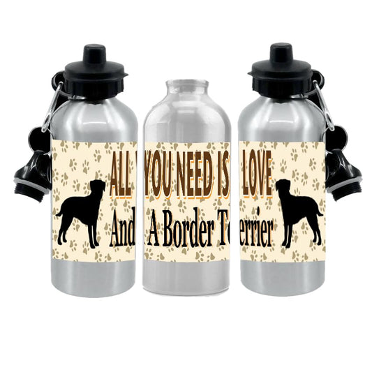 Border Terrier Water Bottle - All You Need Is Love - Silver Aluminium - Two Lids - Unisex Gift