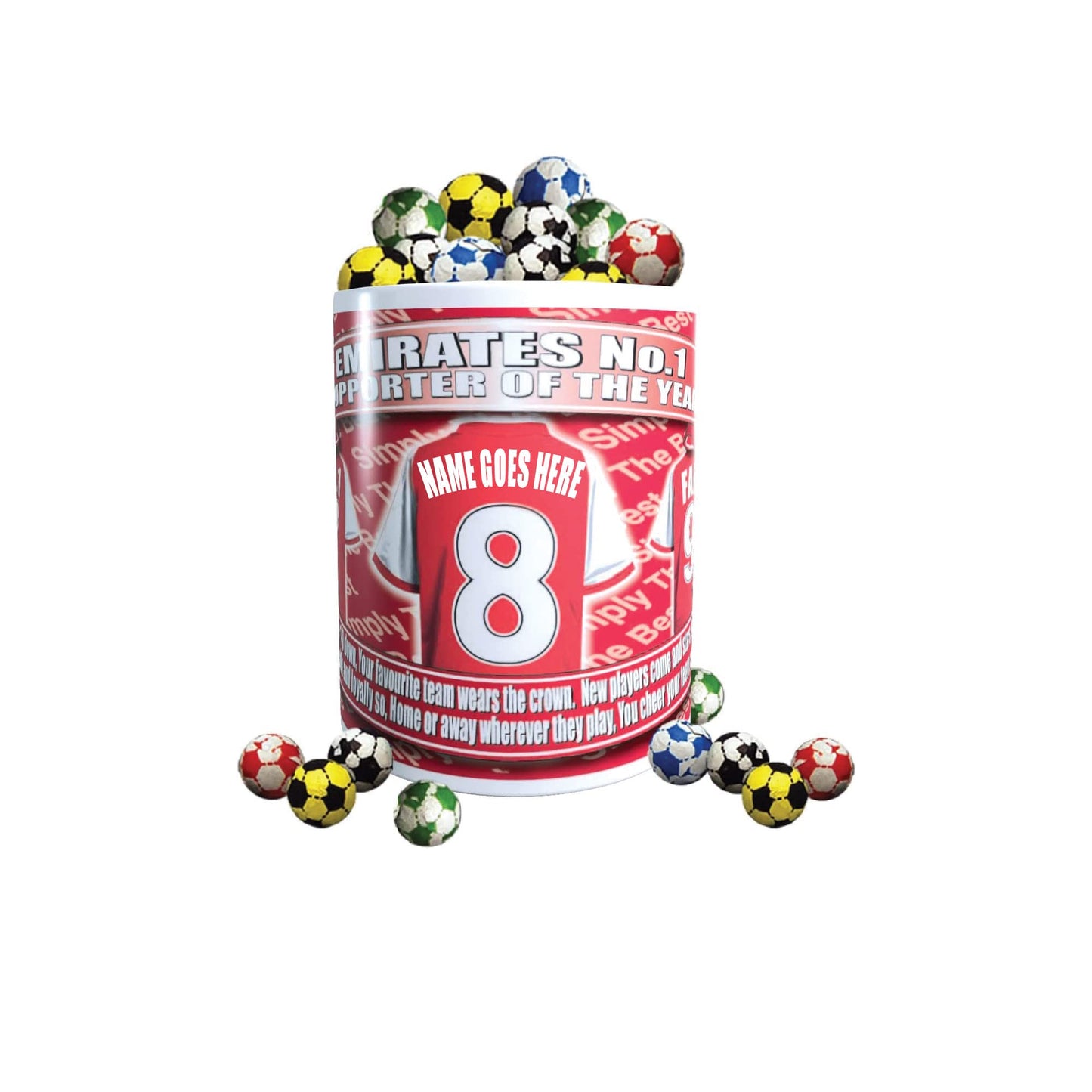 The Gooners Personalised Football Team Shirt Mug Gift with Chocolate Footballs