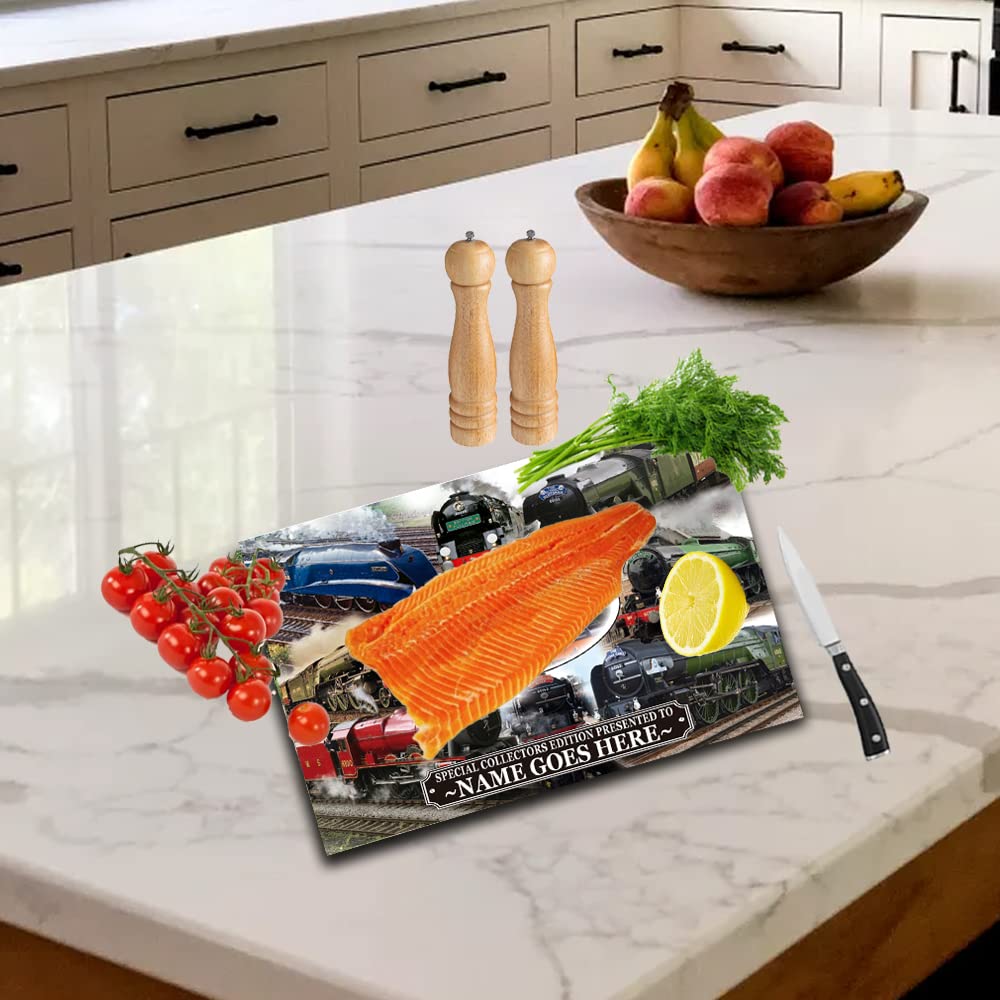 Classic Steam Locomotive Train Personalised Toughened Glass Heat Resistant Worktop Saver Cutting and Chopping Board Gift
