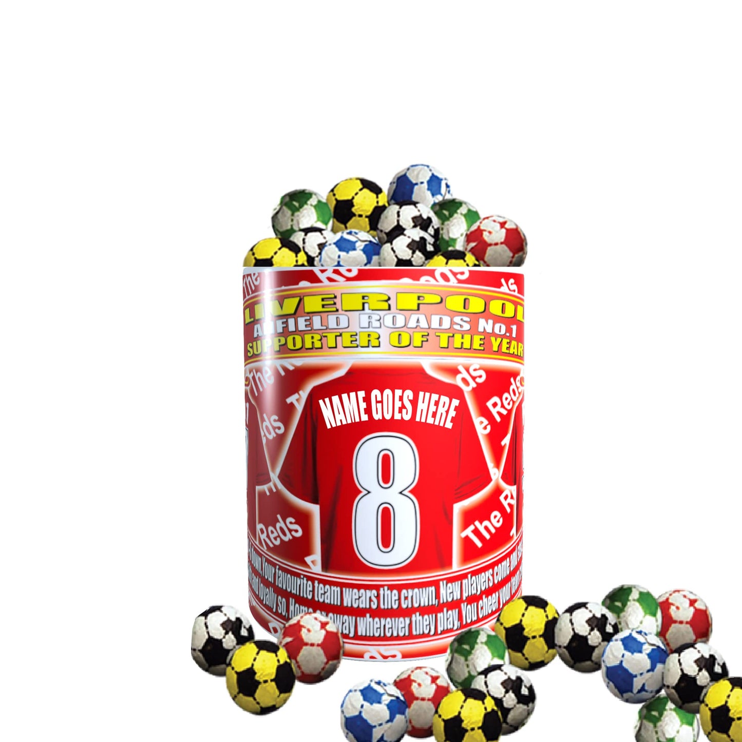 Liverpool Personalised Football Team Shirt Mug Gift with Chocolate Footballs, White