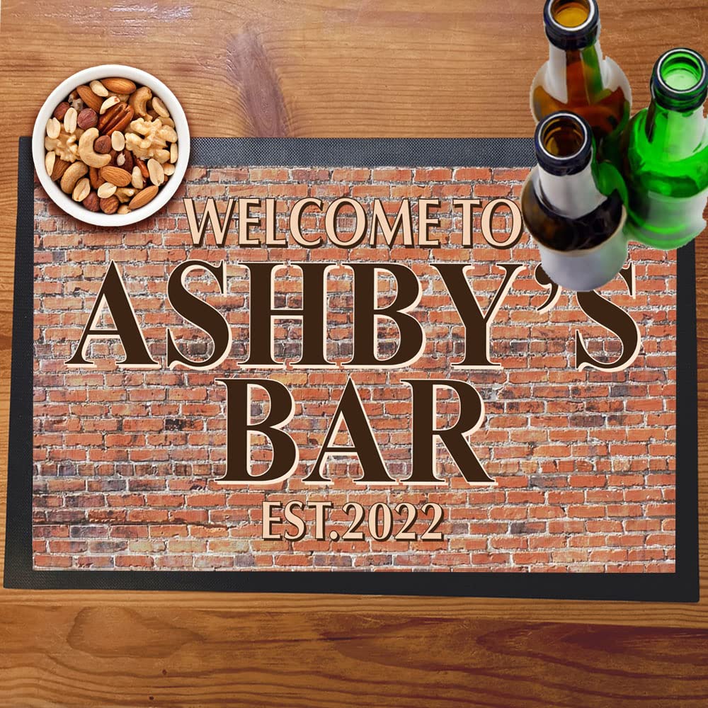 Brick Wall Bar Mat Runner with Non- Slip Rubber Back and Personalised Name with Year Home, Pub, Coffee Shop, Venue, Garden, Bar Gift