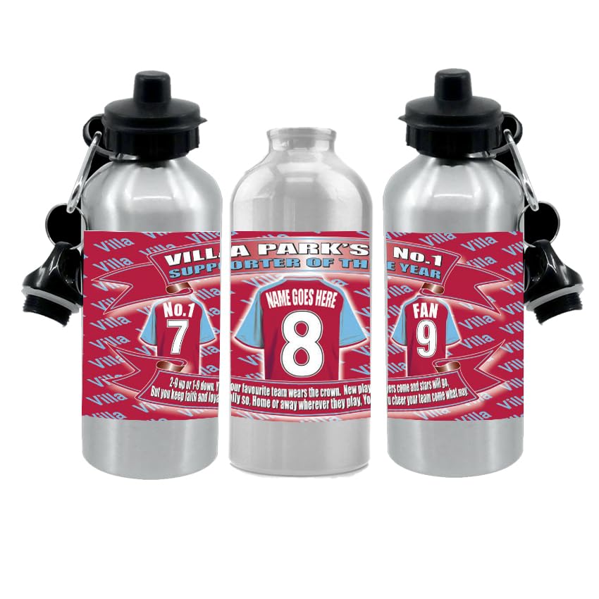 The Villa Personalised Football Shirt Silver Aluminium Two Lid Unisex Water Bottle Gift