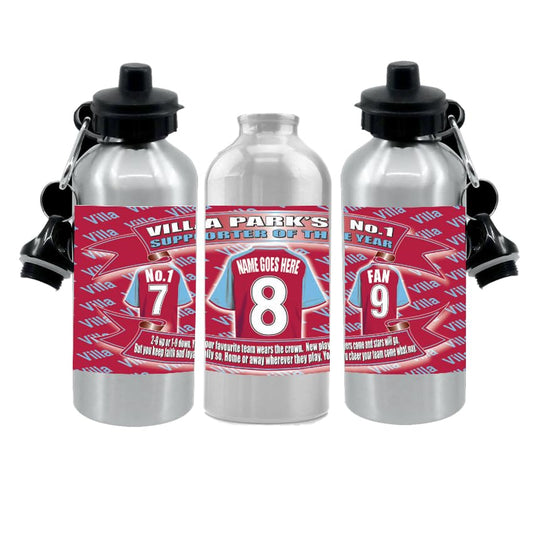 The Villa Personalised Football Shirt Silver Aluminium Two Lid Unisex Water Bottle Gift